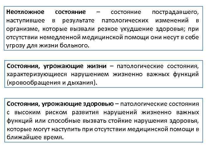 Неотложное состояние – состояние пострадавшего, наступившее в результате патологических изменений в организме, которые вызвали