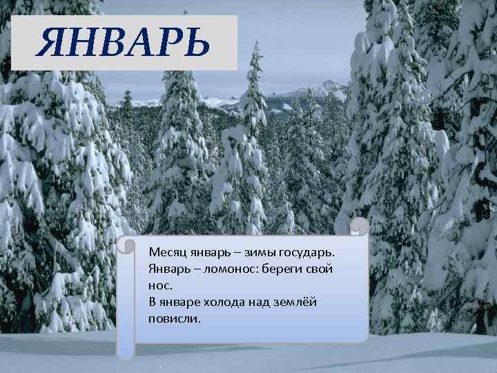 ЯНВАРЬ Месяц январь – зимы государь. Январь – ломонос: береги свой нос. В январе