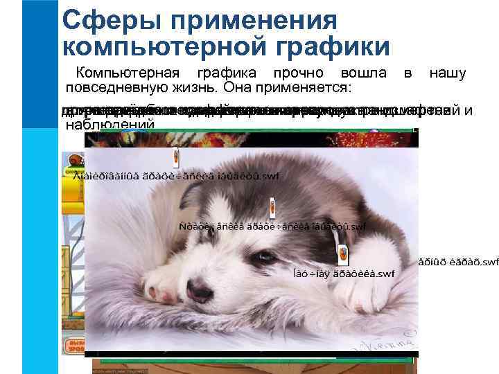 Сферы применения компьютерной графики Компьютерная графика прочно вошла в нашу повседневную жизнь. Она применяется: