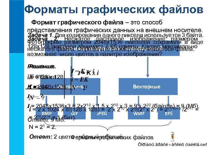 Форматы графических файлов Формат графического файла – это способ представления графических данных на внешнем
