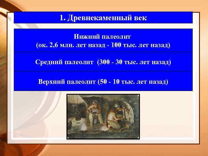 1. Древнекаменный век Нижний палеолит (ок. 2, 6 млн. лет назад - 100 тыс.