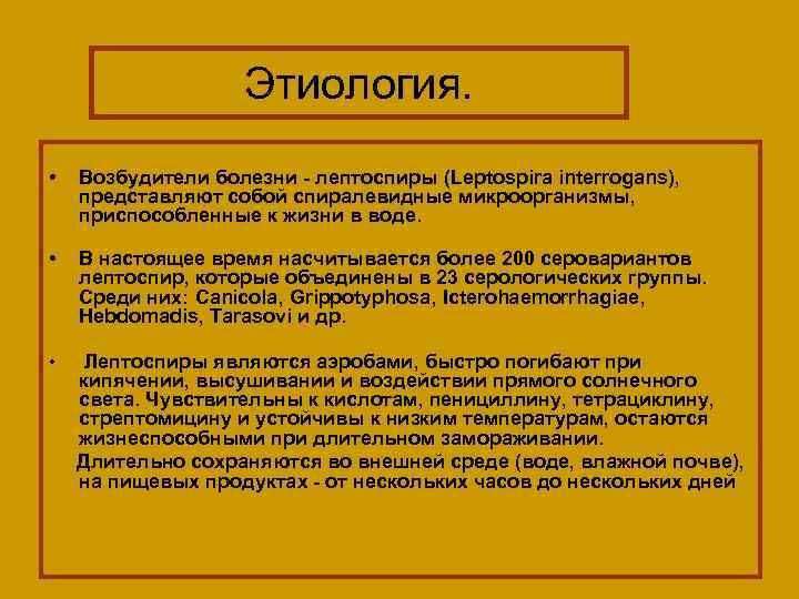  Этиология. • Возбудители болезни - лептоспиры (Leptospira interrogans), представляют собой спиралевидные микроорганизмы, приспособленные