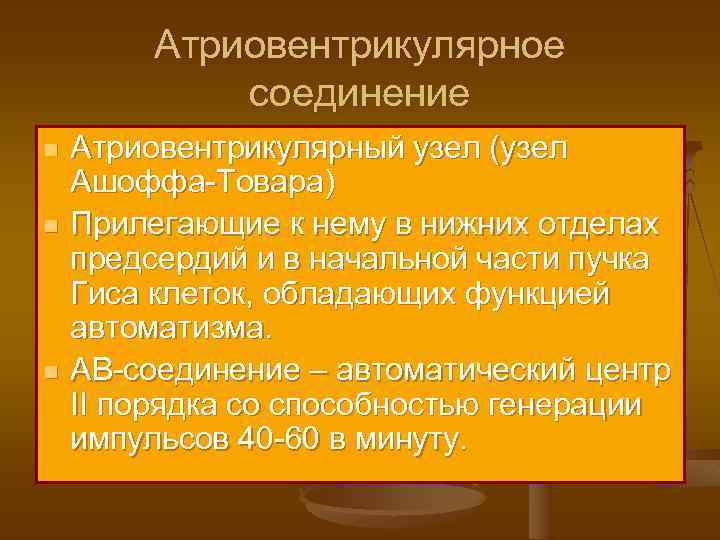 Атриовентрикулярное соединение n n n Атриовентрикулярный узел (узел Ашоффа-Товара) Прилегающие к нему в нижних