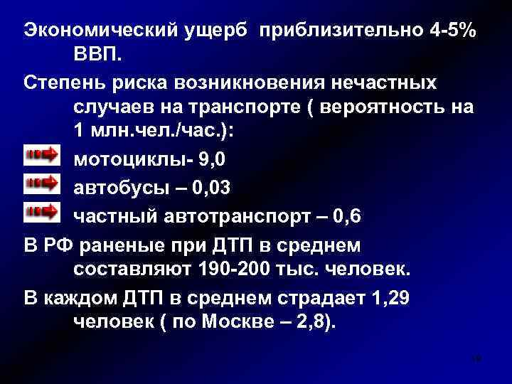 Экономический ущерб приблизительно 4 -5% ВВП. Степень риска возникновения нечастных случаев на транспорте (