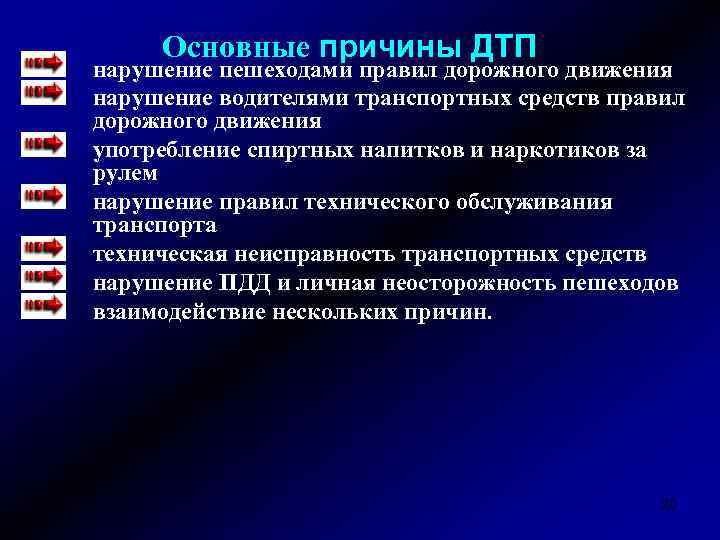 Основные причины ДТП нарушение пешеходами правил дорожного движения нарушение водителями транспортных средств правил дорожного