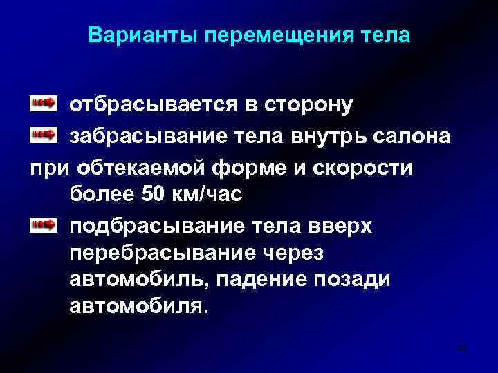 Варианты перемещения тела отбрасывается в сторону забрасывание тела внутрь салона при обтекаемой форме и