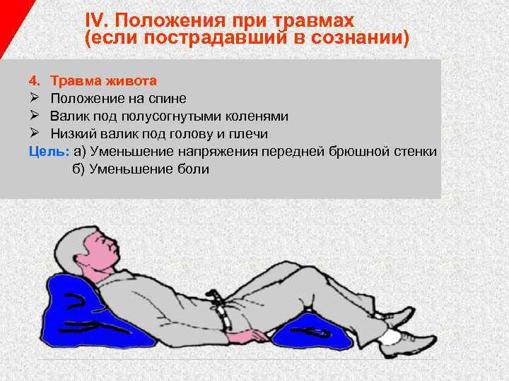 IV. Положения при травмах (если пострадавший в сознании) 4. Травма живота Ø Положение на