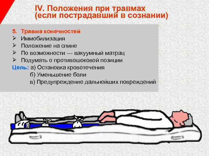 IV. Положения при травмах (если пострадавший в сознании) 5. Травма конечностей Ø Иммобилизация Ø