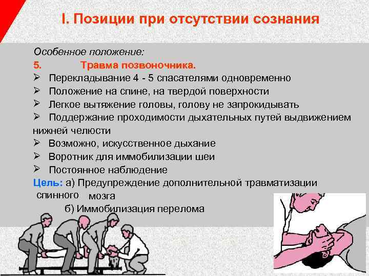 I. Позиции при отсутствии сознания Особенное положение: 5. Травма позвоночника. Ø Перекладывание 4 -