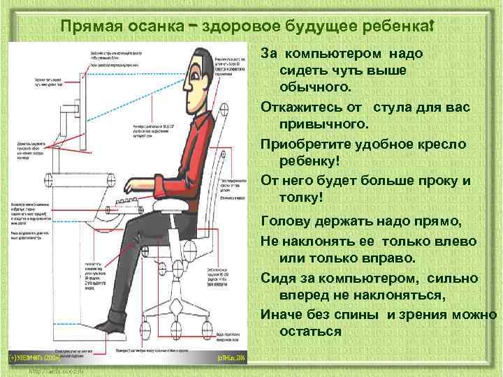 Прямая осанка – здоровое будущее ребенка! За компьютером надо сидеть чуть выше обычного. Откажитесь