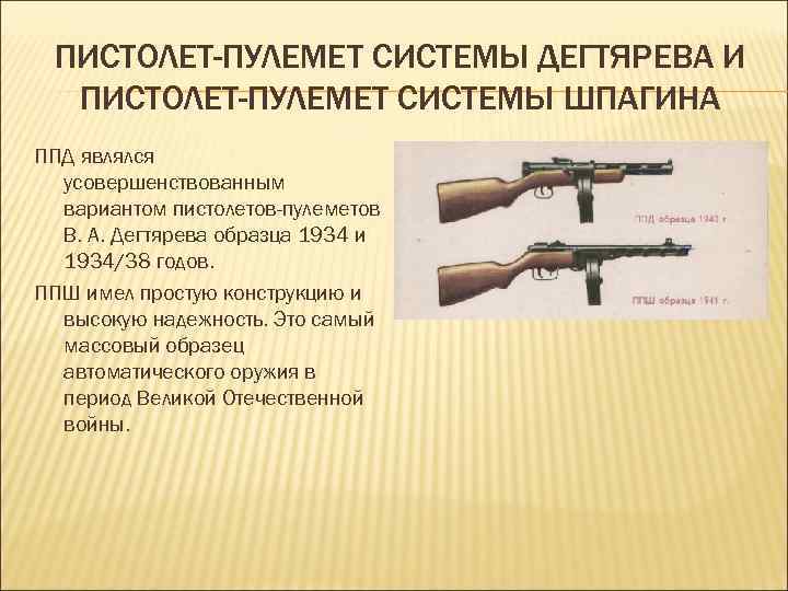 ПИСТОЛЕТ-ПУЛЕМЕТ СИСТЕМЫ ДЕГТЯРЕВА И ПИСТОЛЕТ-ПУЛЕМЕТ СИСТЕМЫ ШПАГИНА ППД являлся усовершенствованным вариантом пистолетов-пулеметов В. А.