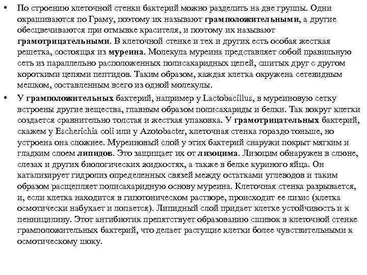  • • По строению клеточной стенки бактерий можно разделить на две группы. Одни