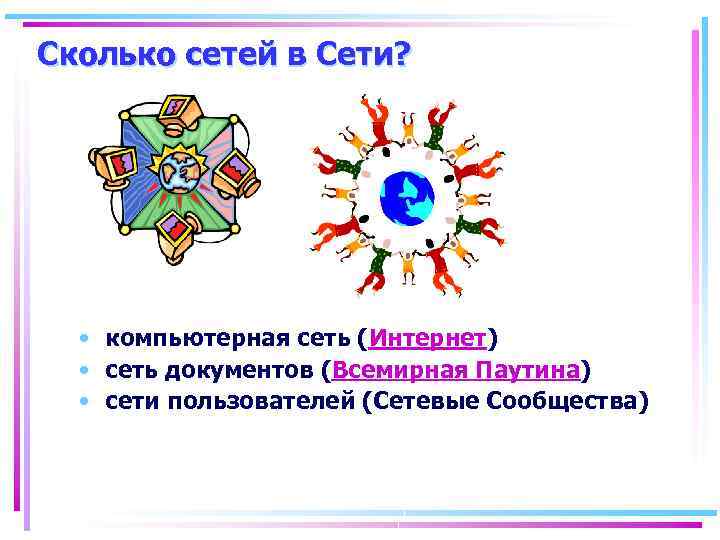 Сколько сетей в Сети? • компьютерная сеть (Интернет) • сеть документов (Всемирная Паутина) •