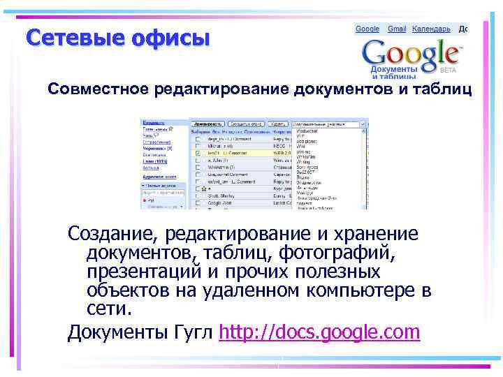 Сетевые офисы Совместное редактирование документов и таблиц Создание, редактирование и хранение документов, таблиц, фотографий,