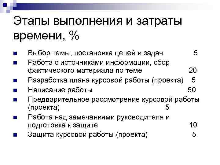 Этапы выполнения и затраты времени, % n n n n Выбор темы, постановка целей