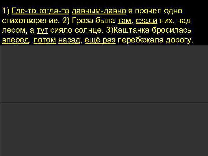 1) Где-то когда-то давным-давно я прочел одно стихотворение. 2) Гроза была там, сзади них,