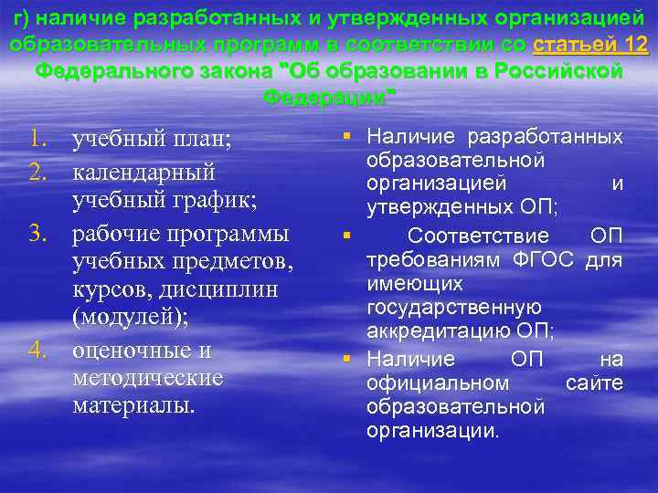 г) наличие разработанных и утвержденных организацией образовательных программ в соответствии со статьей 12 Федерального