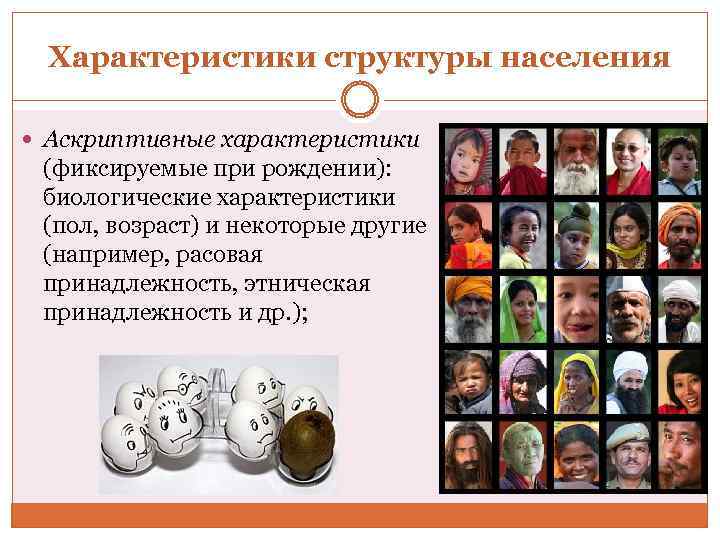 Характеристики структуры населения Аскриптивные характеристики (фиксируемые при рождении): биологические характеристики (пол, возраст) и некоторые
