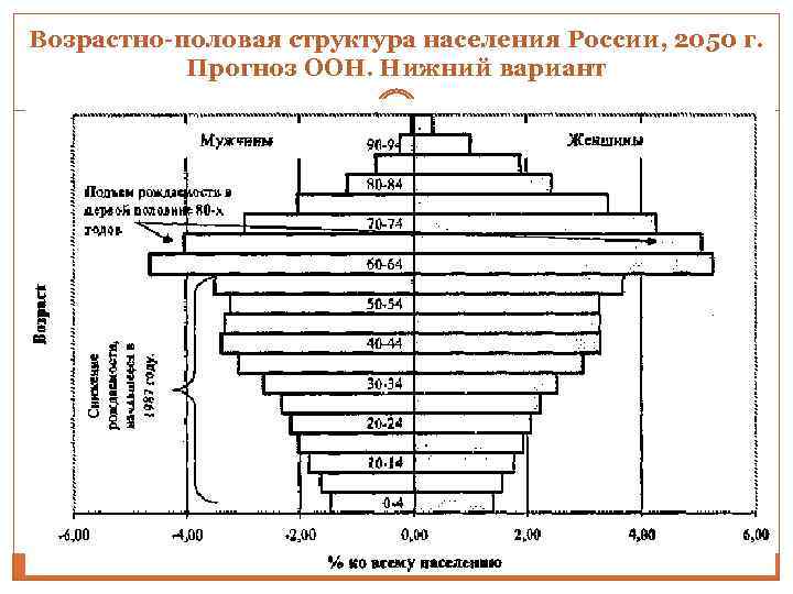 Возрастно-половая структура населения России, 2050 г. Прогноз ООН. Нижний вариант 