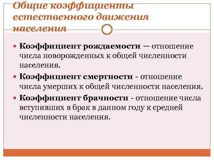 Общие коэффициенты естественного движения населения Коэффициент рождаемости — отношение числа новорожденных к общей численности