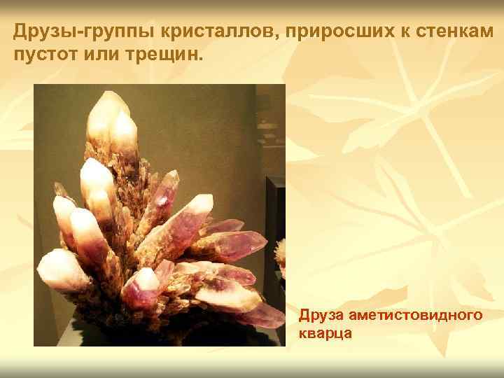 Друзы-группы кристаллов, приросших к стенкам пустот или трещин. Друза аметистовидного кварца 