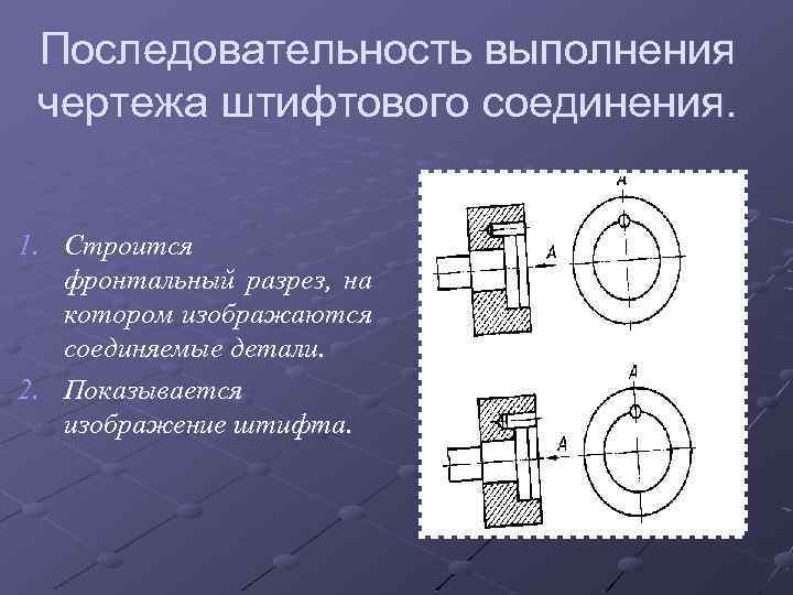 Последовательность выполнения чертежа штифтового соединения. 1. Строится фронтальный разрез, на котором изображаются соединяемые детали.