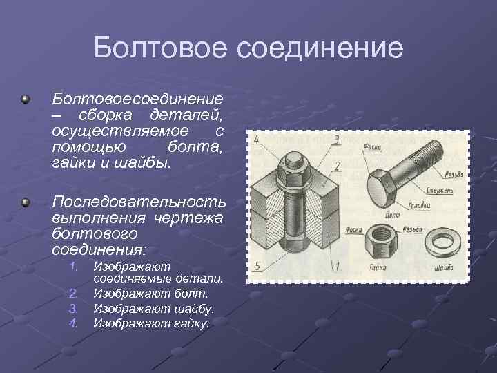 Болтовое соединение – сборка деталей, осуществляемое с помощью болта, гайки и шайбы. Последовательность выполнения