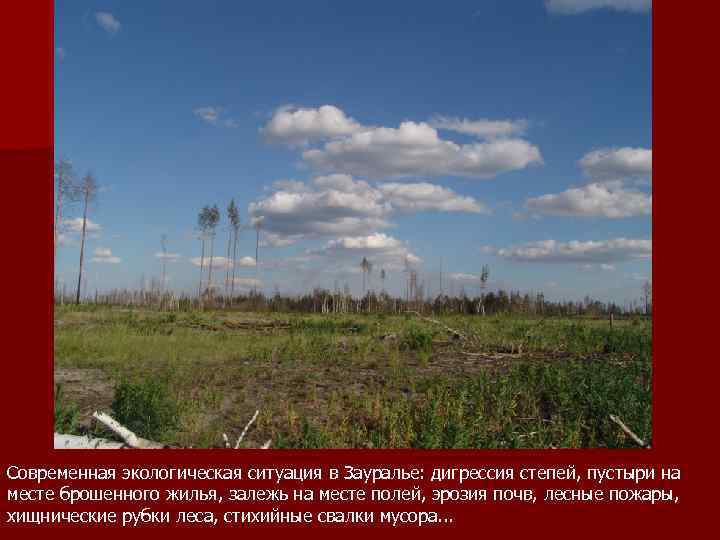 Современная экологическая ситуация в Зауралье: дигрессия степей, пустыри на месте брошенного жилья, залежь на