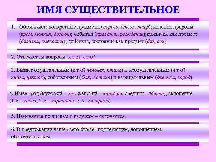 ИМЯ СУЩЕСТВИТЕЛЬНОЕ 1. Обозначает: конкретные предметы (дерево, ствол, тигр); явления природы (гром, молния, дождь);