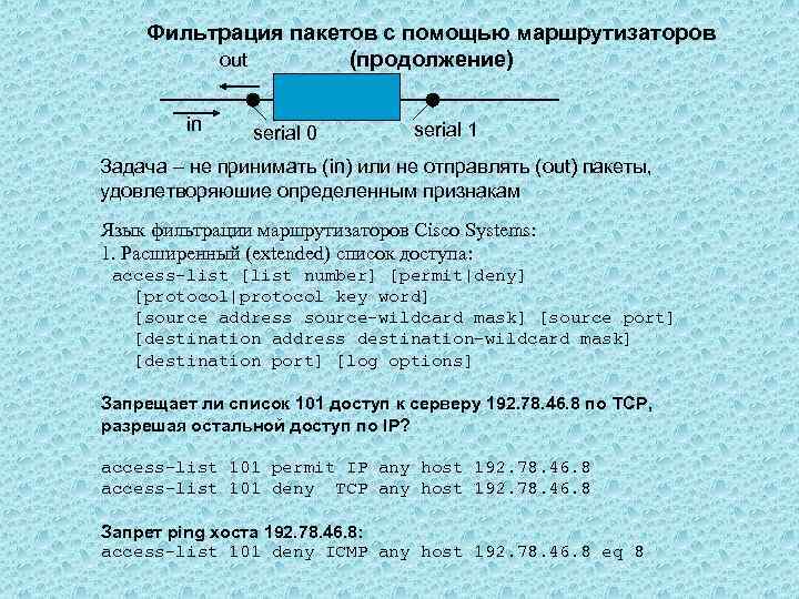 Фильтрация пакетов с помощью маршрутизаторов (продолжение) out in serial 0 serial 1 Задача –