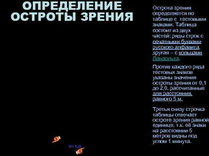 ОПРЕДЕЛЕНИЕ ОСТРОТЫ ЗРЕНИЯ Острота зрения определяется по таблице с тестовыми знаками. Таблица состоит из