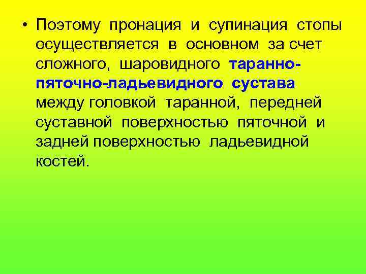  • Поэтому пронация и супинация стопы осуществляется в основном за счет сложного, шаровидного