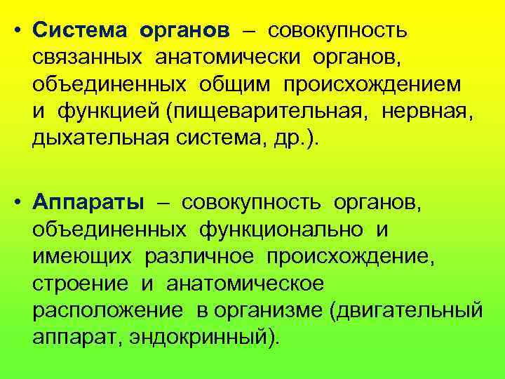  • Система органов – совокупность связанных анатомически органов, объединенных общим происхождением и функцией