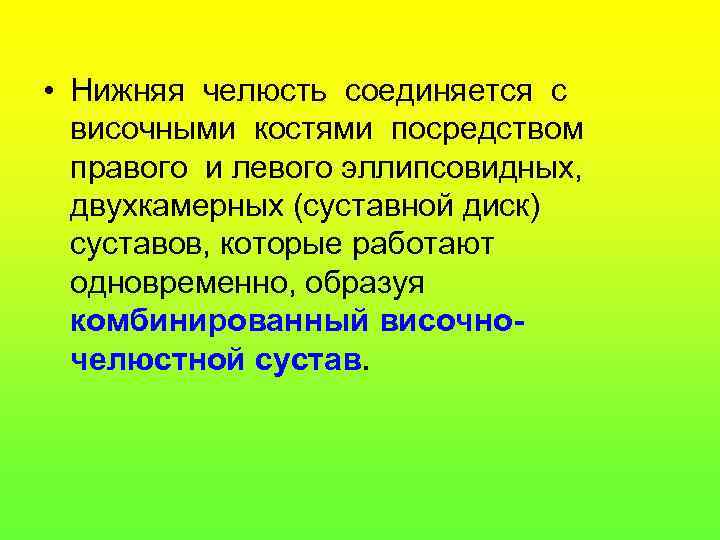  • Нижняя челюсть соединяется с височными костями посредством правого и левого эллипсовидных, двухкамерных
