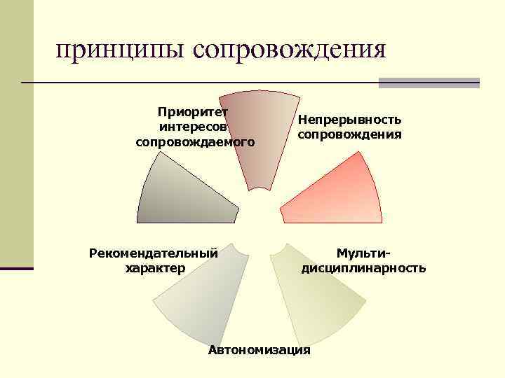 принципы сопровождения Приоритет интересов сопровождаемого Рекомендательный характер Непрерывность сопровождения Мультидисциплинарность Автономизация 