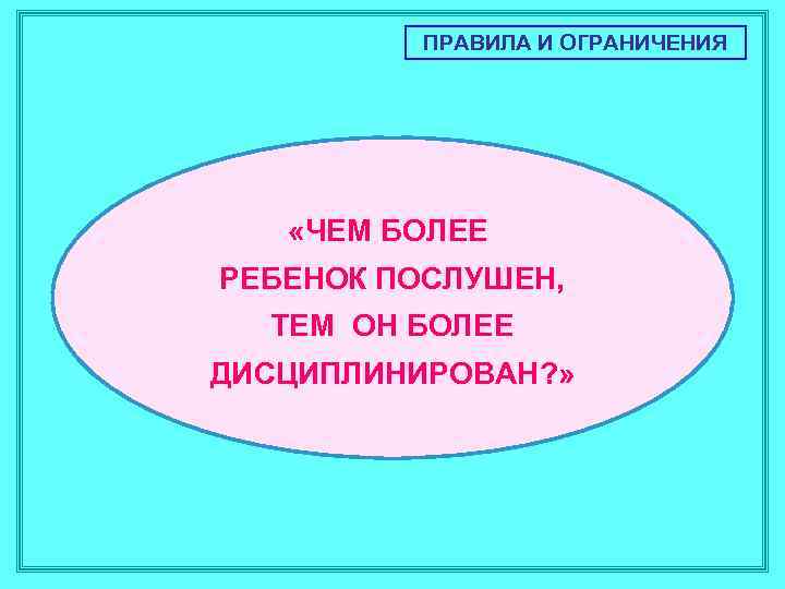 ПРАВИЛА И ОГРАНИЧЕНИЯ «ЧЕМ БОЛЕЕ РЕБЕНОК ПОСЛУШЕН, ТЕМ ОН БОЛЕЕ ДИСЦИПЛИНИРОВАН? » 