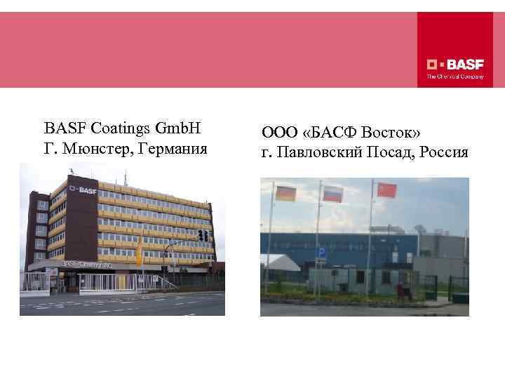 BASF Coatings Gmb. H Г. Мюнстер, Германия ООО «БАСФ Восток» г. Павловский Посад, Россия