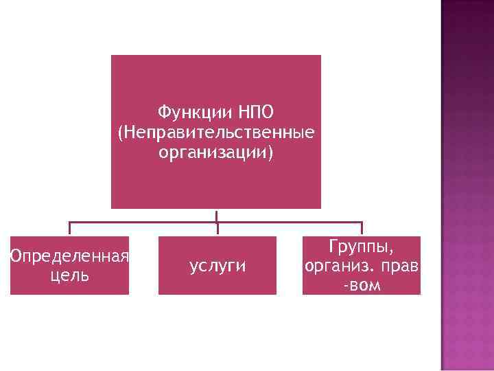 Функции НПО (Неправительственные организации) Определенная цель услуги Группы, организ. прав -вом 