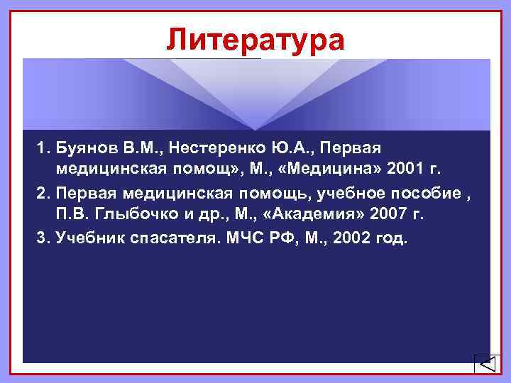 Литература 1. Буянов В. М. , Нестеренко Ю. А. , Первая медицинская помощ» ,