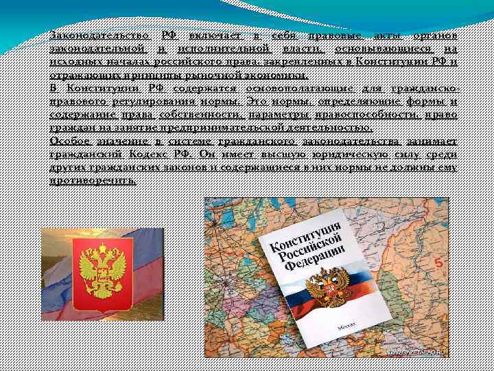 Законодательство РФ включает в себя правовые акты органов законодательной и исполнительной власти, основывающиеся на