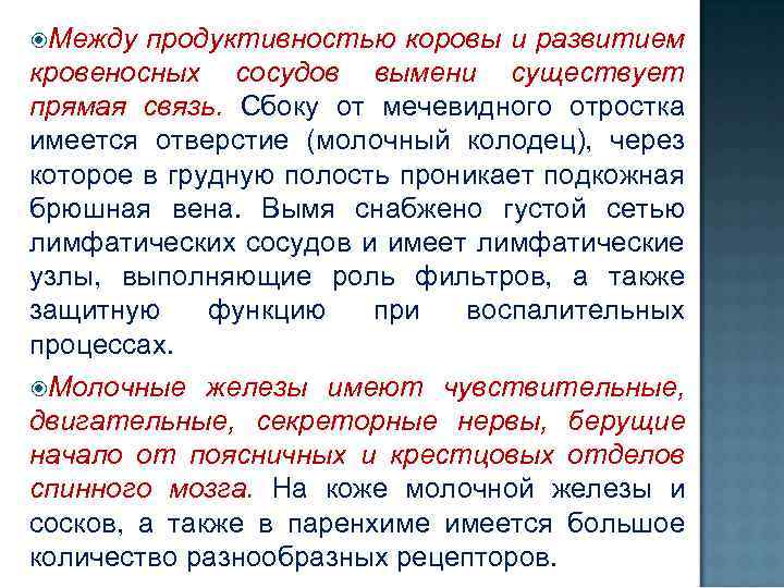  Между продуктивностью коровы и развитием кровеносных сосудов вымени существует прямая связь. Сбоку от