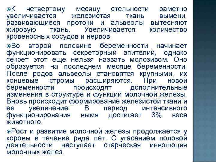 К четвертому месяцу стельности заметно увеличивается железистая ткань вымени, развивающиеся протоки и альвеолы