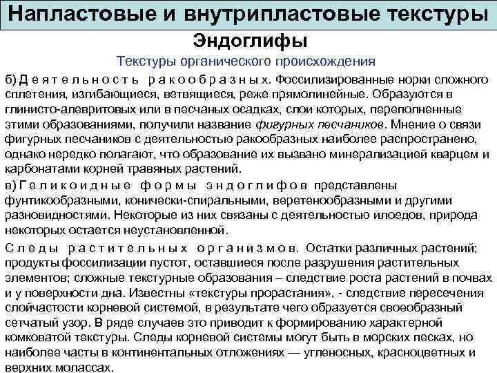 Напластовые и внутрипластовые текстуры Эндоглифы Текстуры органического происхождения б) Д е я т е