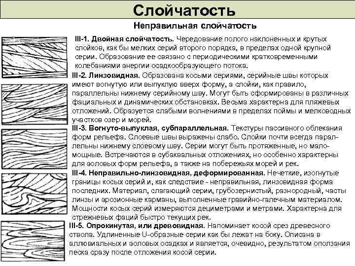 Слойчатость Неправильная слойчатость III-1. Двойная слойчатость. Чередование полого наклоненных и крутых слойков, как бы