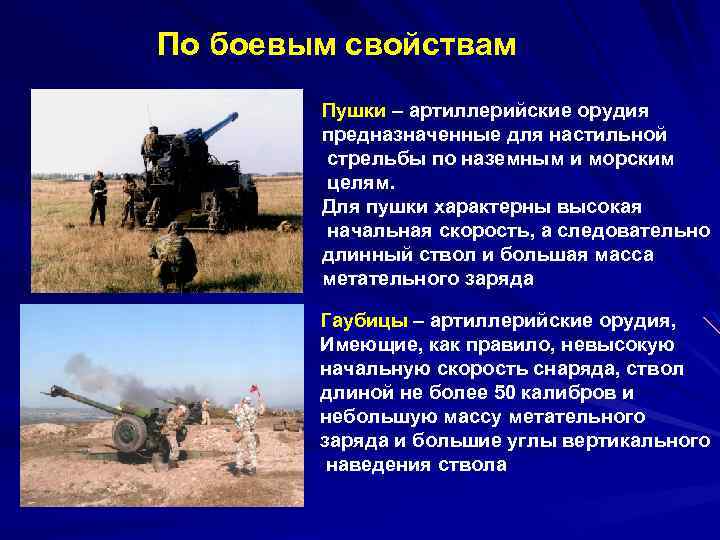 По боевым свойствам Пушки – артиллерийские орудия предназначенные для настильной стрельбы по наземным и