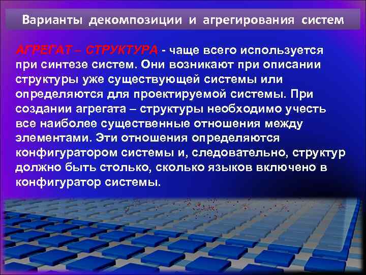 Варианты декомпозиции и агрегирования систем АГРЕГАТ – СТРУКТУРА - чаще всего используется при синтезе