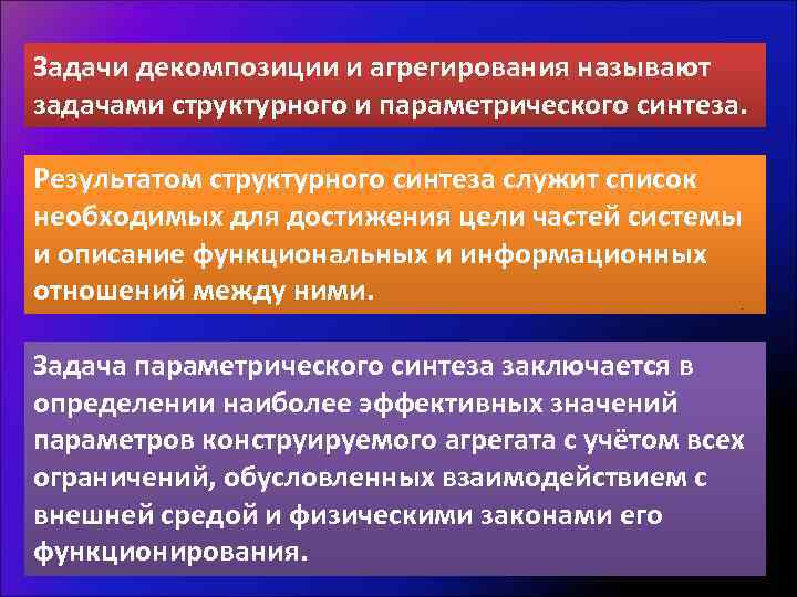 Задачи декомпозиции и агрегирования называют задачами структурного и параметрического синтеза. Результатом структурного синтеза служит
