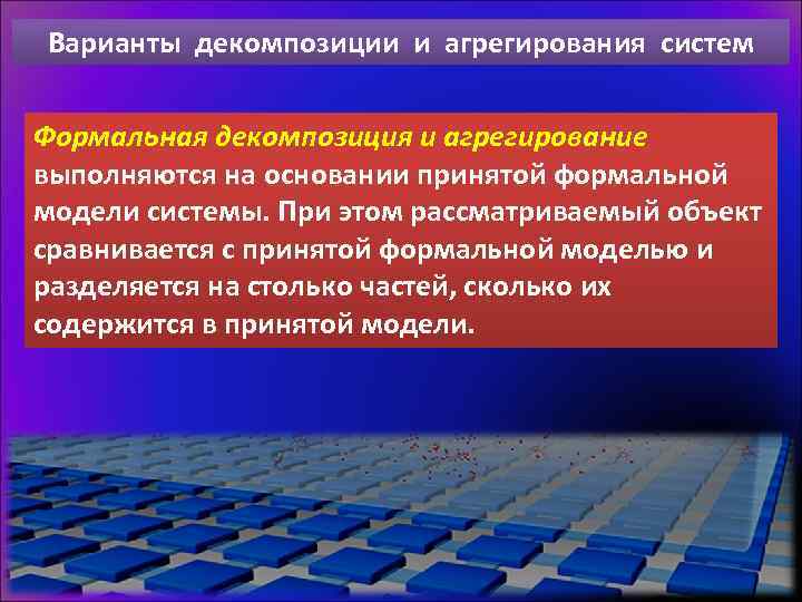 Варианты декомпозиции и агрегирования систем Формальная декомпозиция и агрегирование выполняются на основании принятой формальной