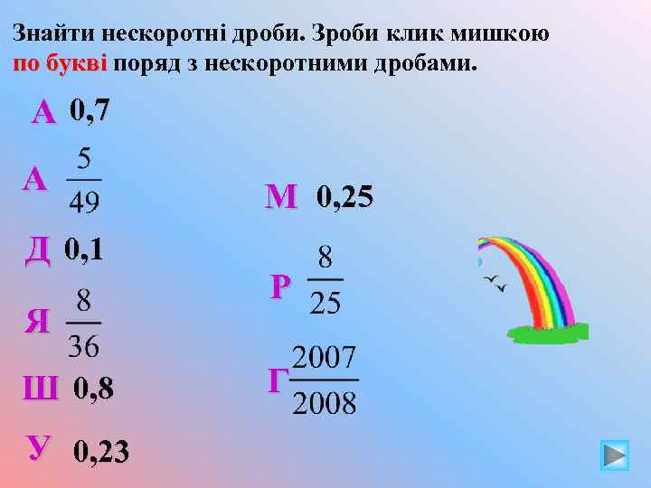 Знайти нескоротні дроби. Зроби клик мишкою по букві поряд з нескоротними дробами. А 0,