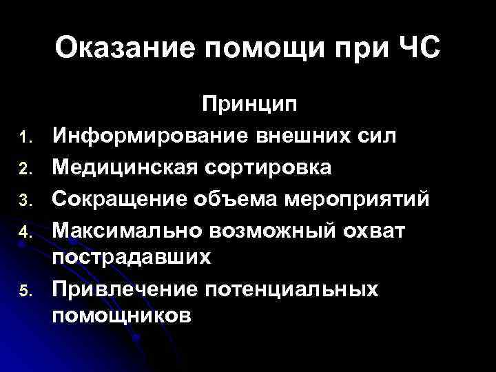 Оказание помощи при ЧС 1. 2. 3. 4. 5. Принцип Информирование внешних сил Медицинская